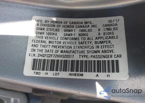 2017 Honda Civic Ex from USA, damaged, VIN 2HGFC2F72HH520517